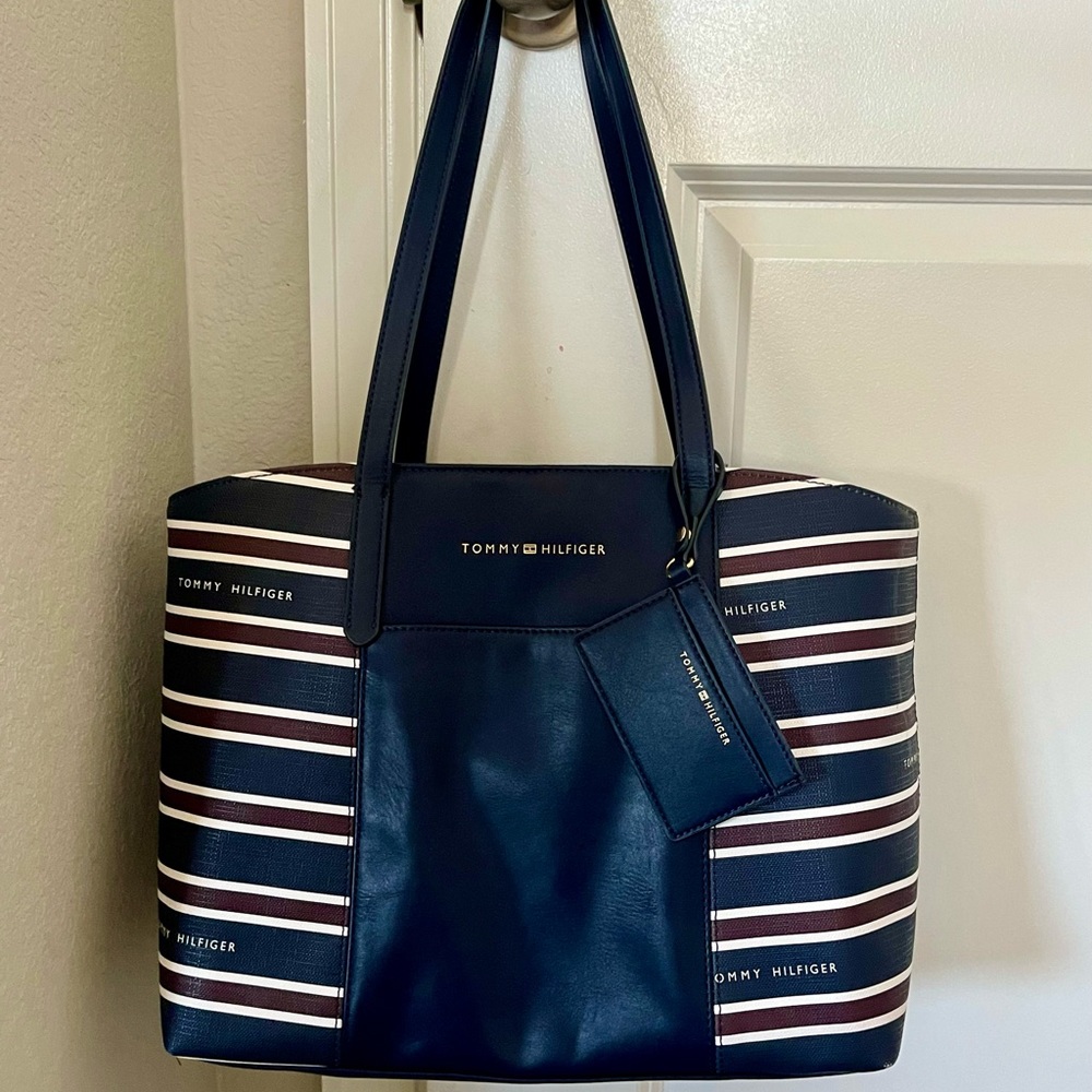 Large Tommy Hilfiger tote bag.  Navy with red and white stripes
